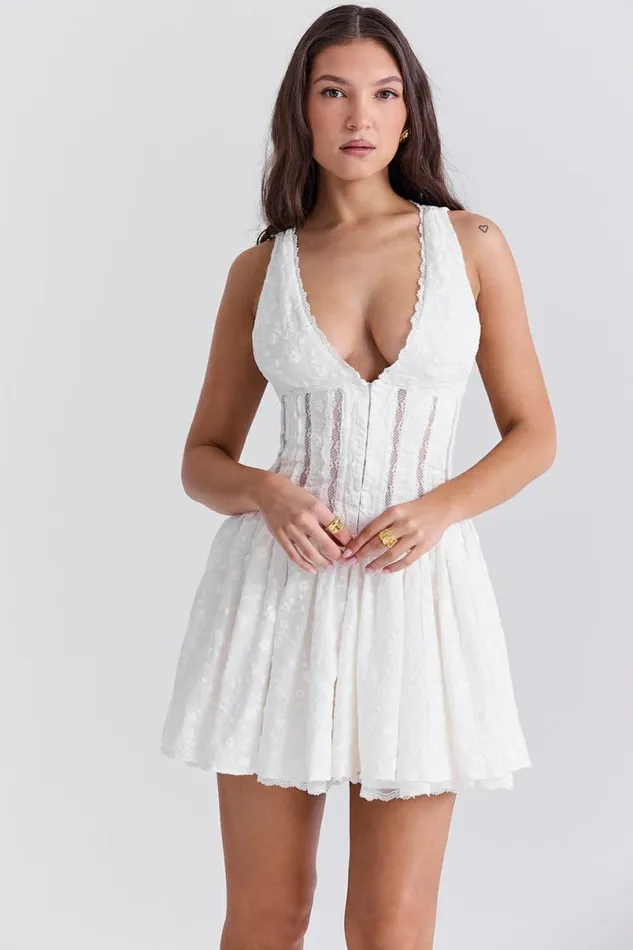 Women Sarita White Cotton Broderie Anglais Plunge Mini Dress House Of CB Dresses Women Sarita White Cotton Broderie Anglais Plunge Mini Dress House Of CB Dresses