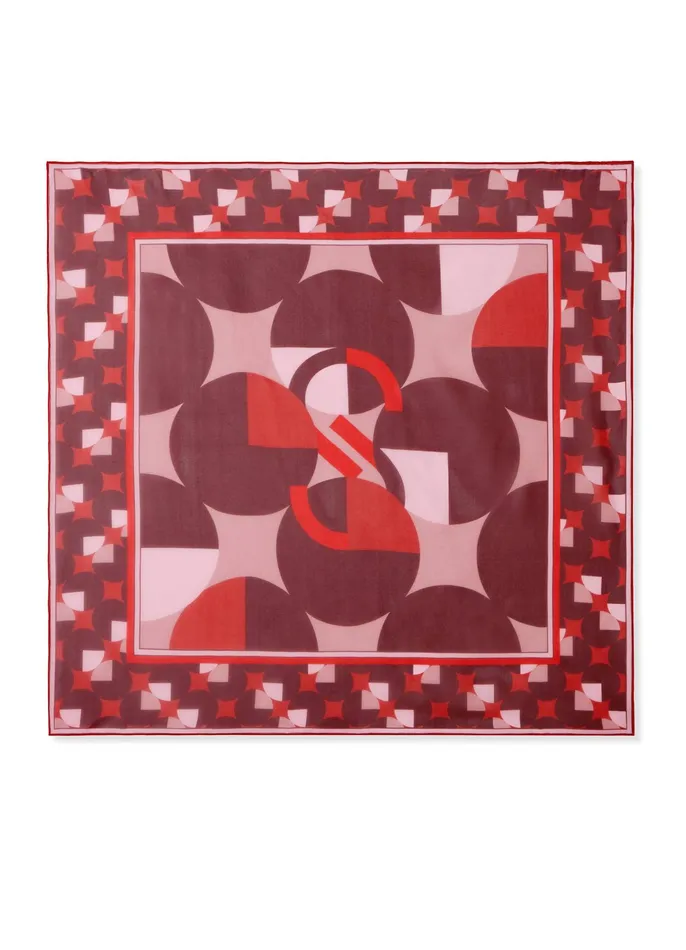 Women Scarves St John SJ Logo Bold Geo Silk Twill Scarf Rouge Multi