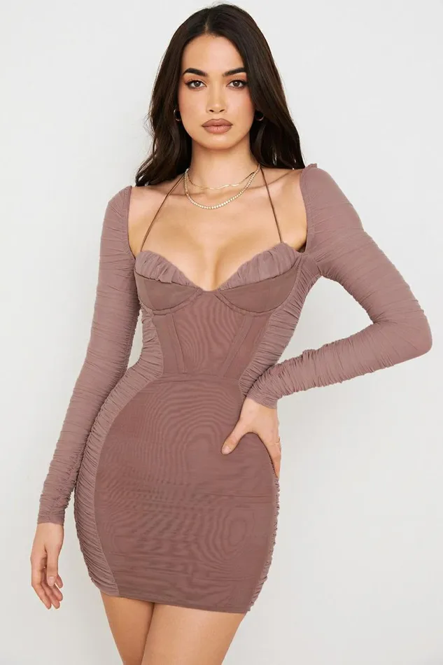 Women Sebastiana Mocha Ruched Corset Mini Dress House Of CB Dresses