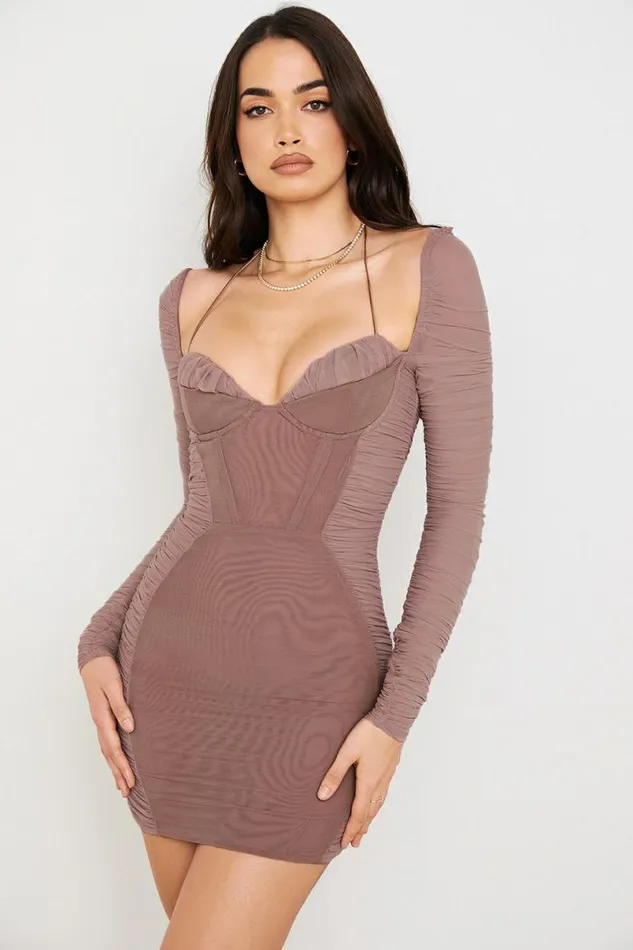 Women Sebastiana Mocha Ruched Corset Mini Dress House Of CB Dresses Women Sebastiana Mocha Ruched Corset Mini Dress House Of CB Dresses