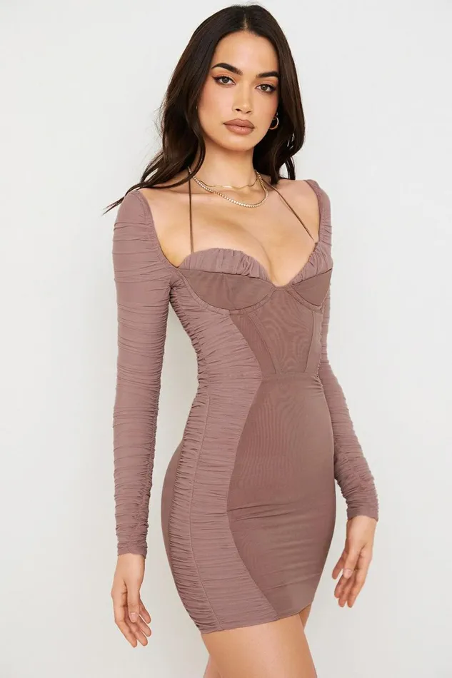 Women Sebastiana Mocha Ruched Corset Mini Dress House Of CB Dresses Women Sebastiana Mocha Ruched Corset Mini Dress House Of CB Dresses