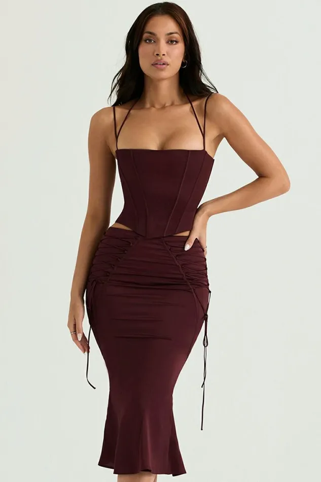 Women Sidonie Wine Satin Lace Up Midi Skirt House Of CB Dresses