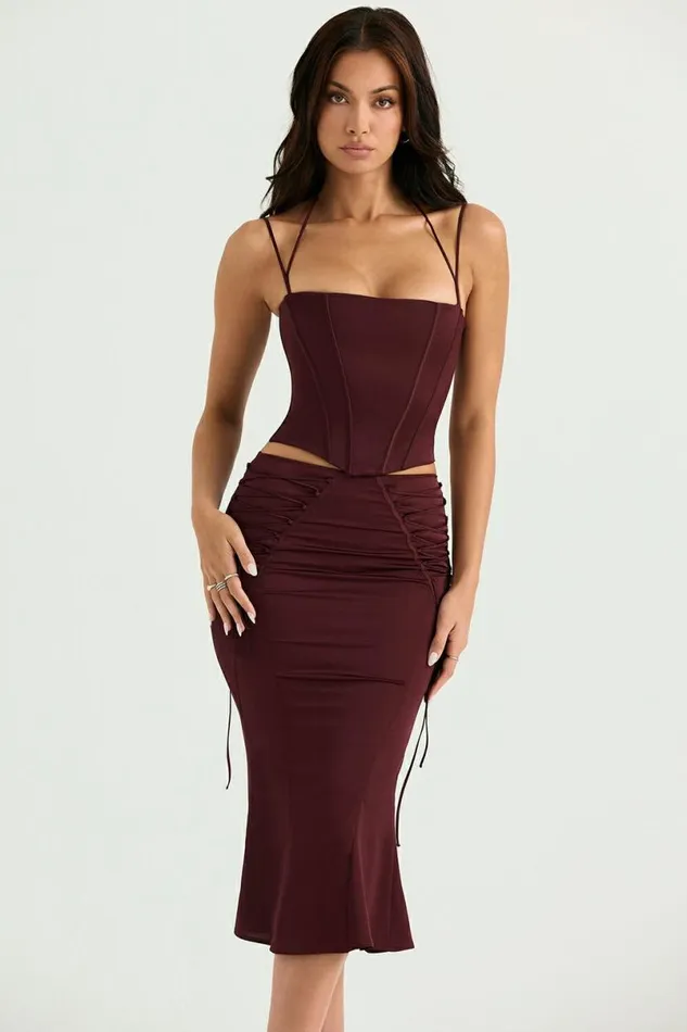 Women Sidonie Wine Satin Lace Up Midi Skirt House Of CB Dresses Women Sidonie Wine Satin Lace Up Midi Skirt House Of CB Dresses