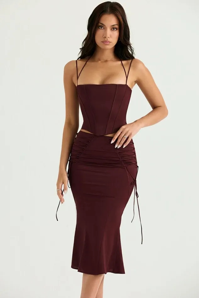 Women Sidonie Wine Satin Lace Up Midi Skirt House Of CB Dresses Women Sidonie Wine Satin Lace Up Midi Skirt House Of CB Dresses