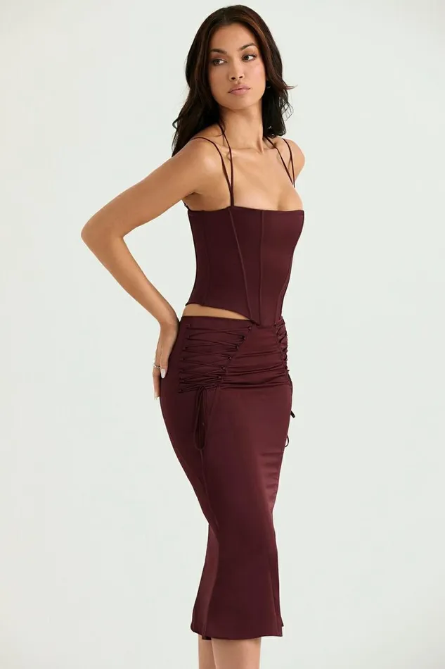 Women Sidonie Wine Satin Lace Up Midi Skirt House Of CB Dresses Women Sidonie Wine Satin Lace Up Midi Skirt House Of CB Dresses