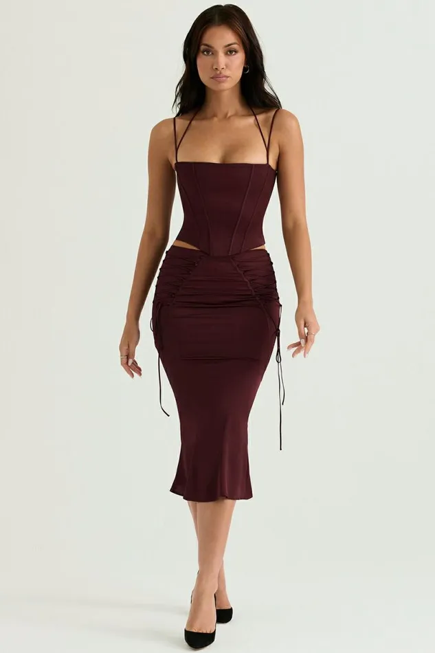Women Sidonie Wine Satin Lace Up Midi Skirt House Of CB Dresses Women Sidonie Wine Satin Lace Up Midi Skirt House Of CB Dresses