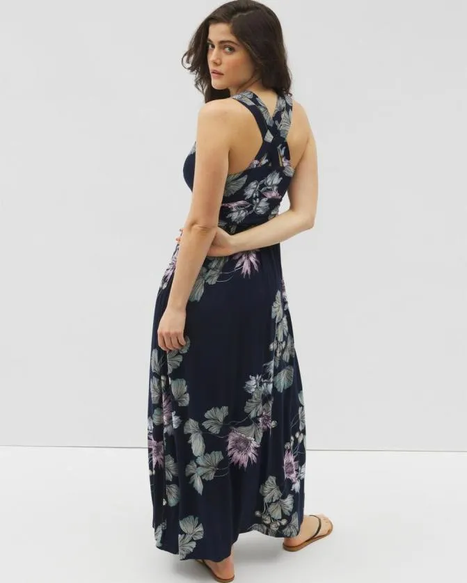 Women Soma Long Dresses Soft Jersey Cross Back Maxi Bra Dress Botanical Bliss Navy