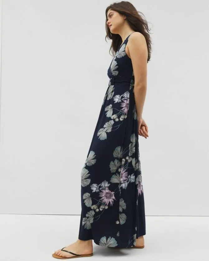 Women Soma Long Dresses Soft Jersey Cross Back Maxi Bra Dress Botanical Bliss Navy