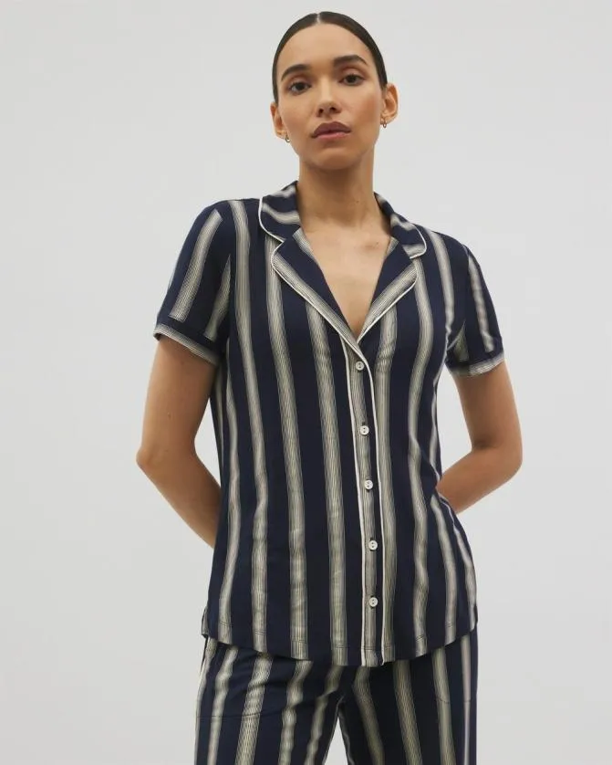 Women Soma Matching Separates Cool Nights Piped Short Sleeve Notch Collar Pajama Top Hampton Stripe Na Champ