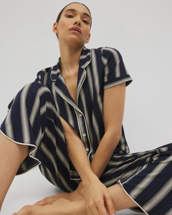Women Soma Matching Separates Cool Nights Piped Short Sleeve Notch Collar Pajama Top Hampton Stripe Na Champ