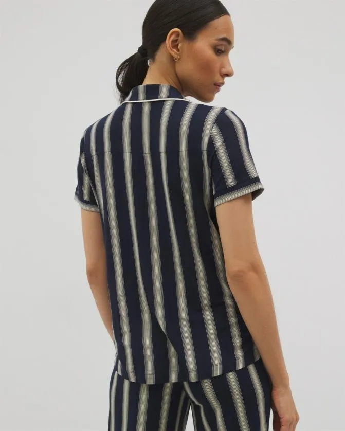 Women Soma Matching Separates Cool Nights Piped Short Sleeve Notch Collar Pajama Top Hampton Stripe Na Champ