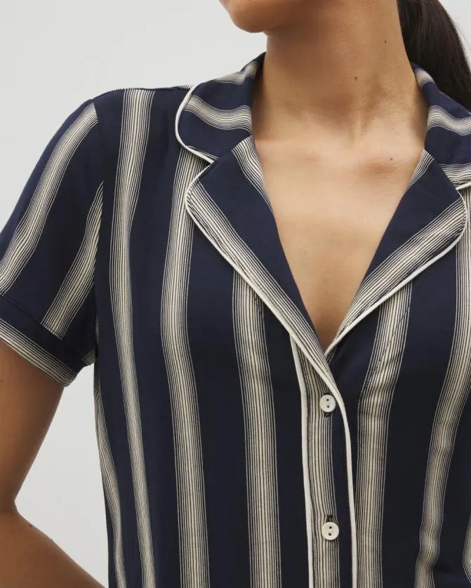 Women Soma Matching Separates Cool Nights Piped Short Sleeve Notch Collar Pajama Top Hampton Stripe Na Champ
