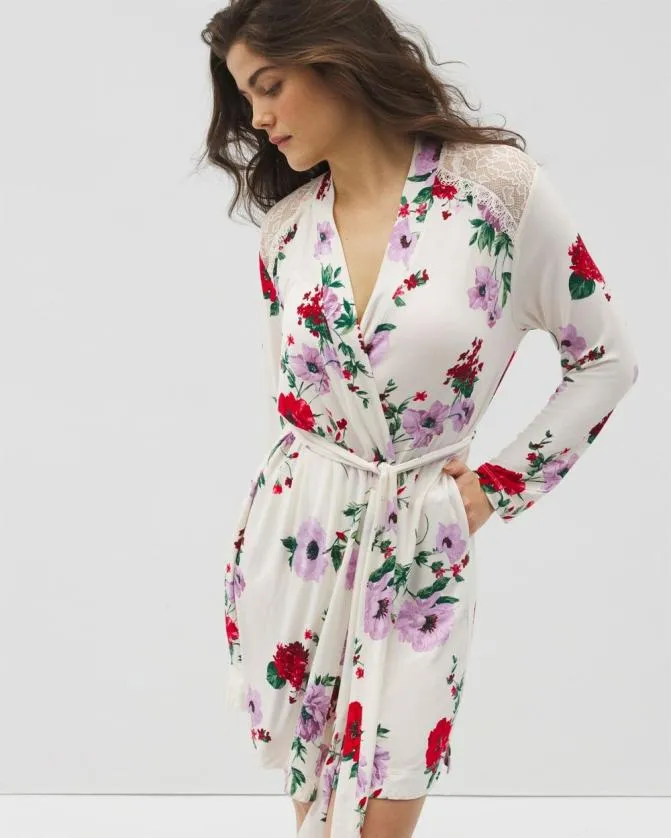 Women Soma Robes Cool Nights Short Robe With Lace Rhapsody Floral Sugar