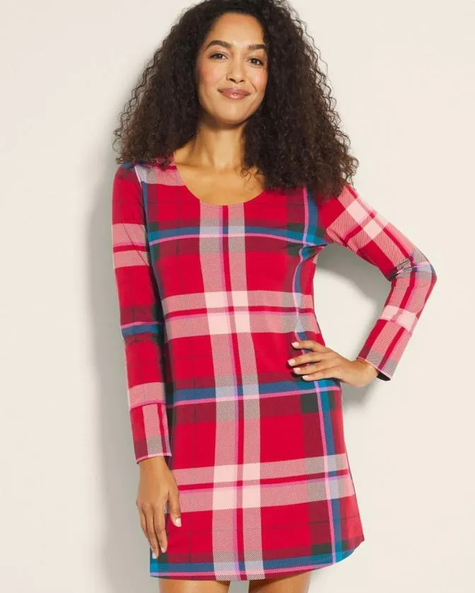 Women Soma Sleepshirts Embraceable LongSleeve Sleepshirt Snuggle Up Plaid Red