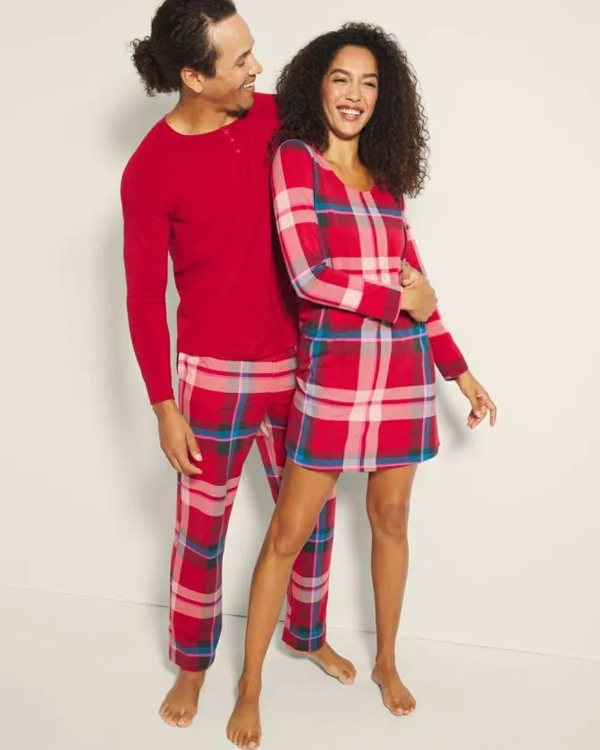Women Soma Sleepshirts Embraceable LongSleeve Sleepshirt Snuggle Up Plaid Red