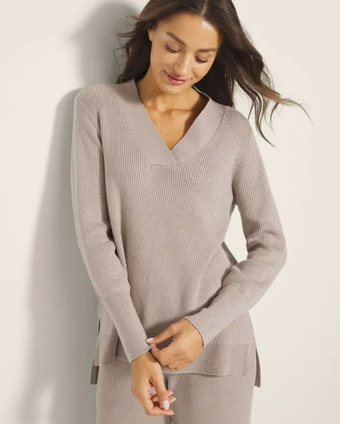 Women Soma Tops Lurex VNeck Sweater Silver Taupe