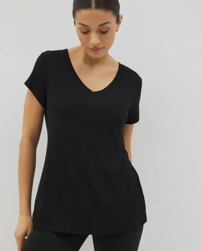 Women Soma Tops Rib Knit VNeck Tee Black