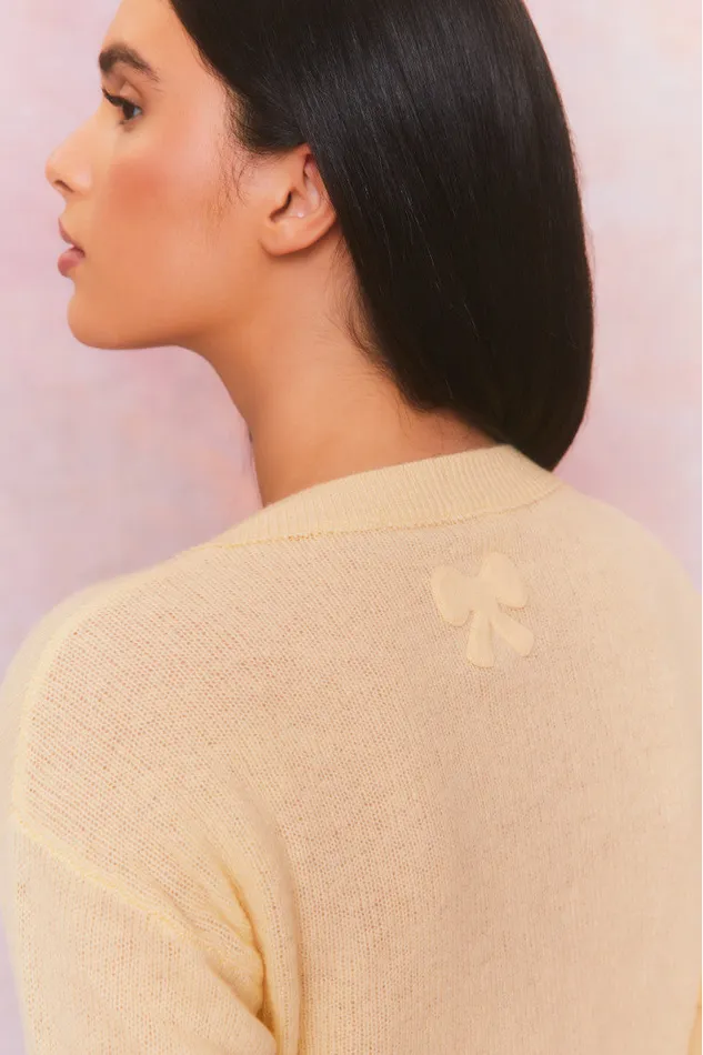 Women Sweaters LoveShackFancy Lawrence Yellow Bow Applique Cardigan Buttercup Women Sweaters LoveShackFancy Lawrence Yellow Bow Applique Cardigan Buttercup