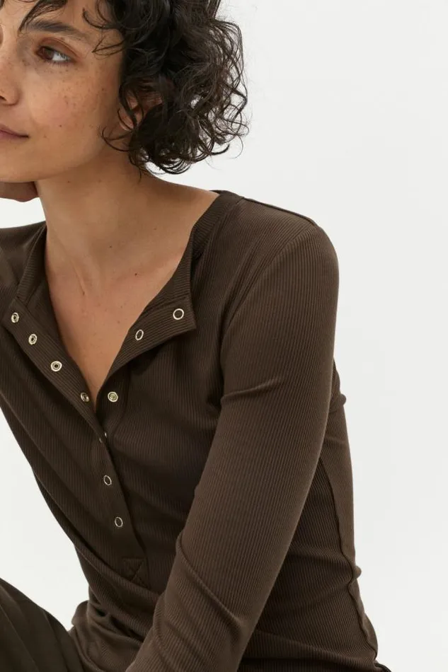 Women TShirts and Tops Seed Heritage Core Rib Henley Top Dark Espresso