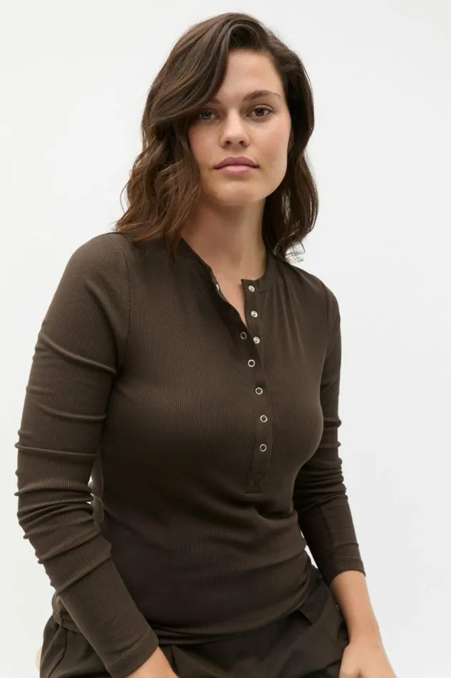 Women TShirts and Tops Seed Heritage Core Rib Henley Top Dark Espresso