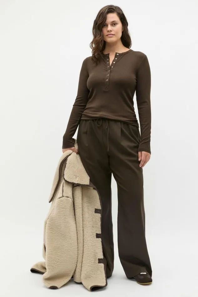 Women TShirts and Tops Seed Heritage Core Rib Henley Top Dark Espresso