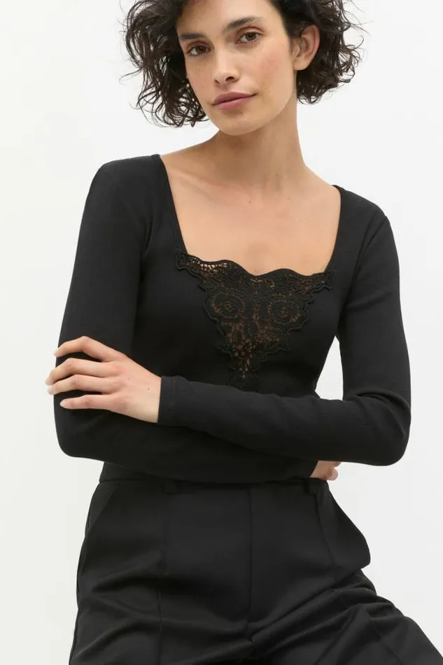 Women TShirts and Tops Seed Heritage Lace Detail Long Sleeve Top Black