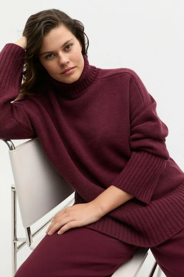 Women TShirts and Tops Seed Heritage Merino Wool Roll Neck Side Split Knit Plum Red