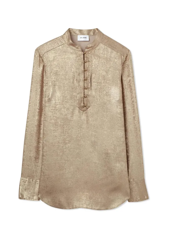 Women Tops and Shells St John Metallic Long Sleeve Blouse Champagne