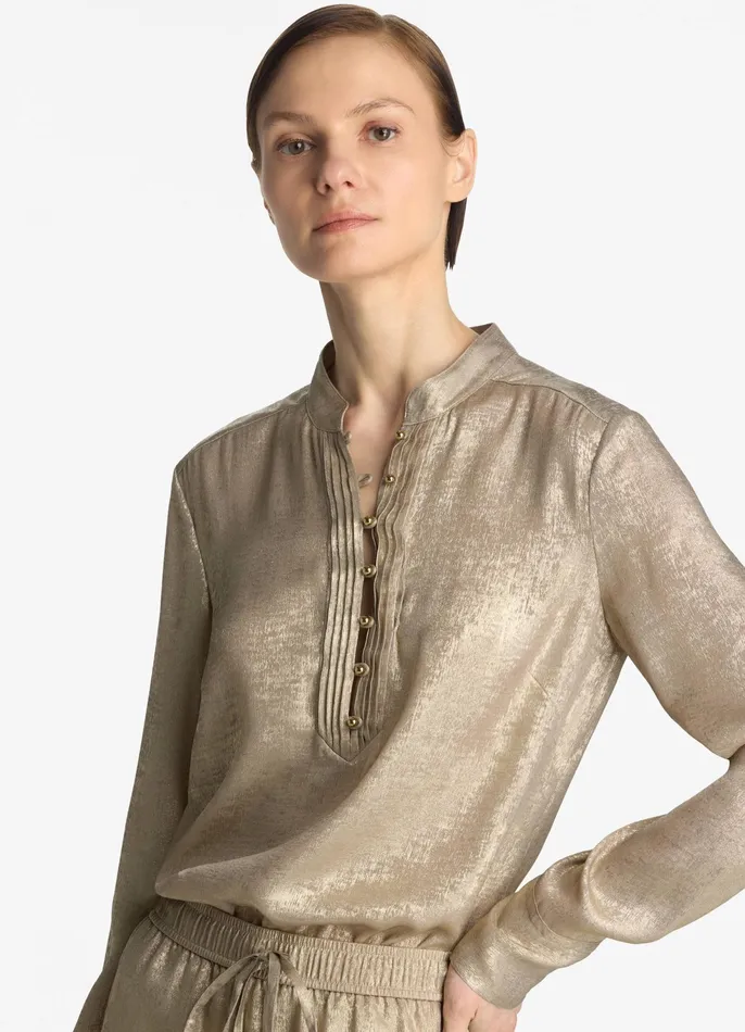 Women Tops and Shells St John Metallic Long Sleeve Blouse Champagne Women Tops and Shells St John Metallic Long Sleeve Blouse Champagne