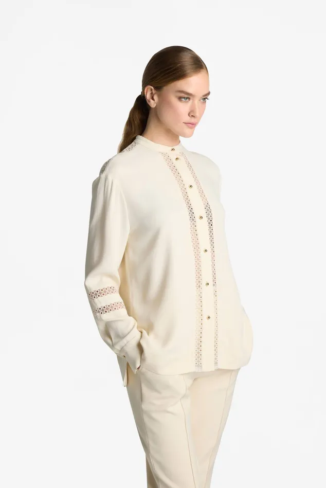 Women Tops and Shells St John Satin Back Crepe Blouse Ecru