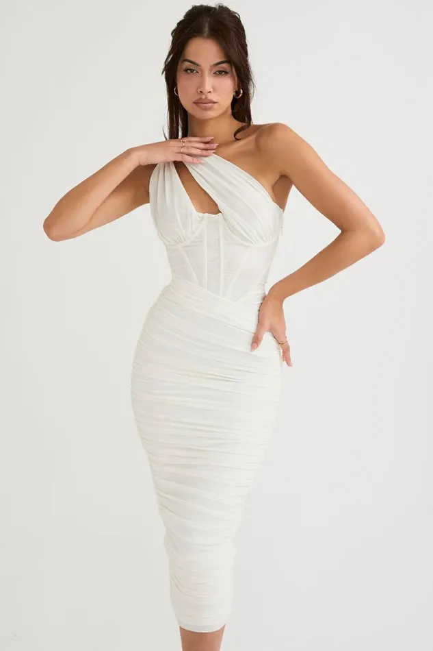 Women Valentina Ivory Asymmetric Cutout Midi Dress House Of CB Dresses