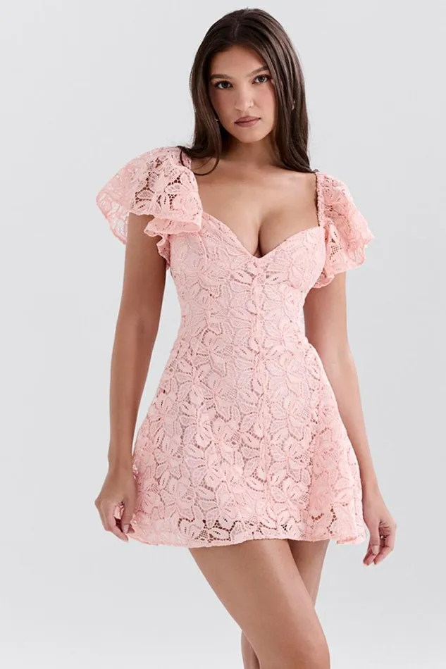 Women Verity Perfectly Pink Floral Lace Mini Dress House Of CB Dresses