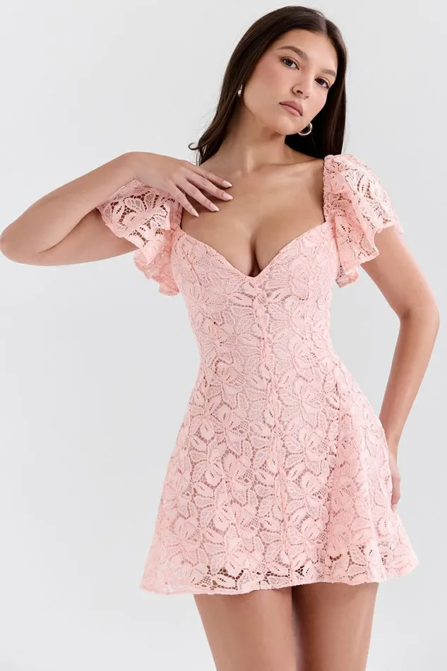 Women Verity Perfectly Pink Floral Lace Mini Dress House Of CB Dresses