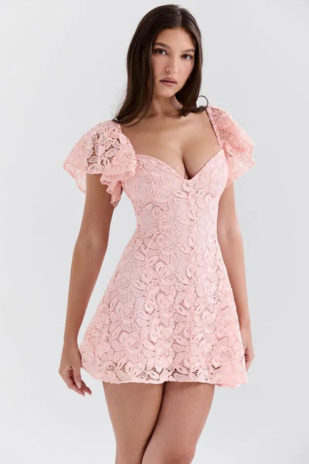 Women Verity Perfectly Pink Floral Lace Mini Dress House Of CB Dresses