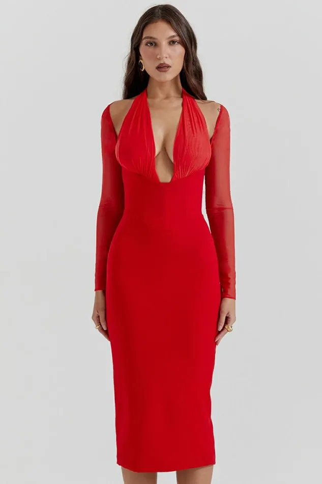 Women Yasmin Scarlet Plunge Midi Dress House Of CB Dresses