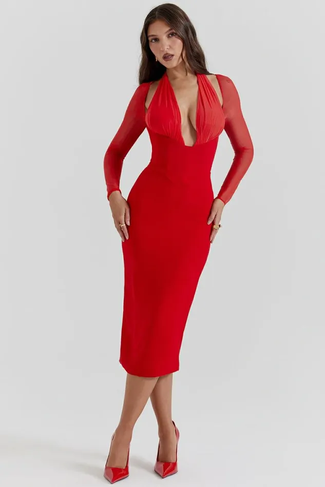 Women Yasmin Scarlet Plunge Midi Dress House Of CB Dresses Women Yasmin Scarlet Plunge Midi Dress House Of CB Dresses