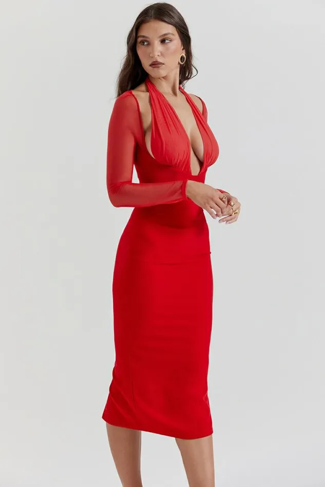 Women Yasmin Scarlet Plunge Midi Dress House Of CB Dresses Women Yasmin Scarlet Plunge Midi Dress House Of CB Dresses