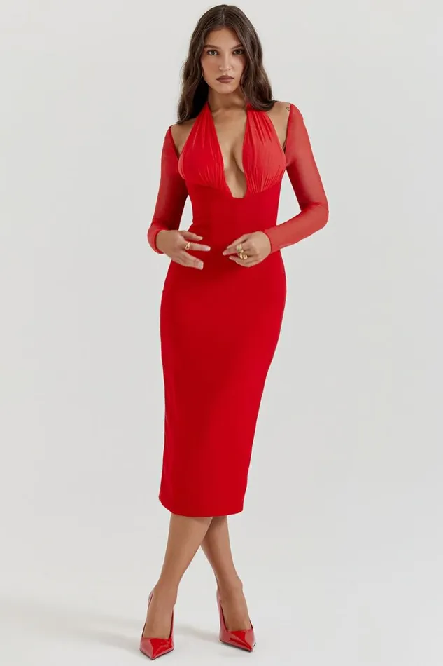 Women Yasmin Scarlet Plunge Midi Dress House Of CB Dresses Women Yasmin Scarlet Plunge Midi Dress House Of CB Dresses