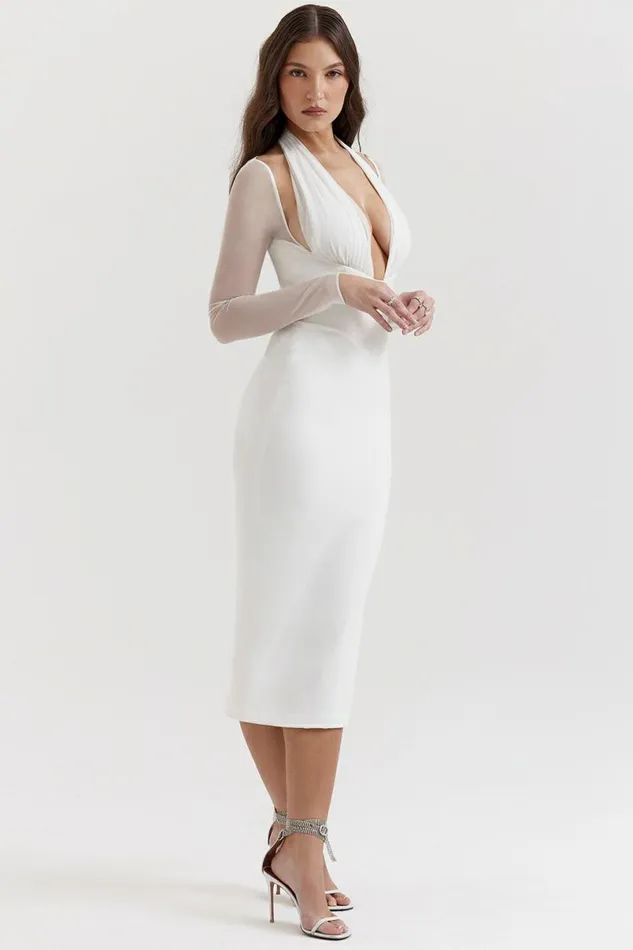 Women Yasmin White Plunge Midi Dress House Of CB Dresses
