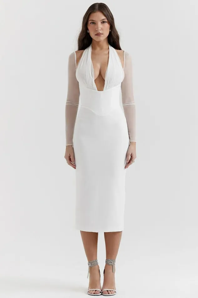 Women Yasmin White Plunge Midi Dress House Of CB Dresses