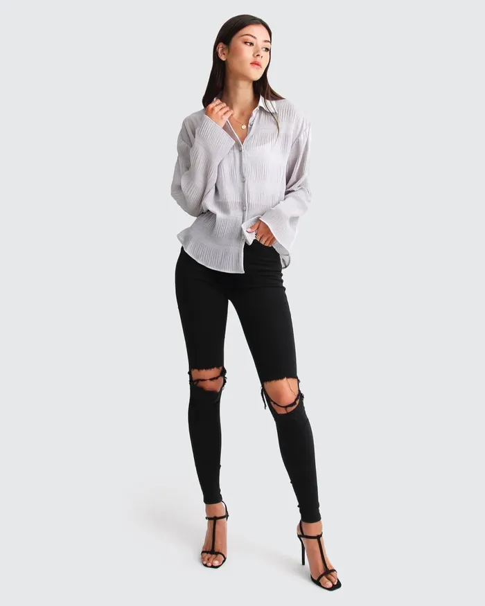 Women Yoko Shirred Chiffon Blouse 8211 Grey Tops Belle and Bloom