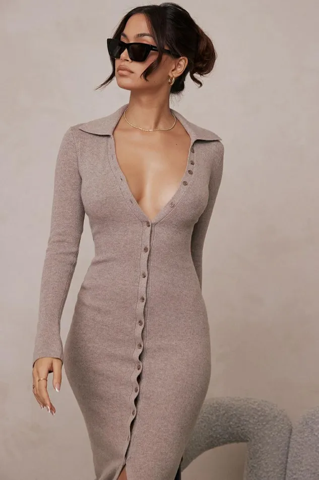 Women Yvette Beige Cashmere Knit Midi Dress House Of CB Dresses