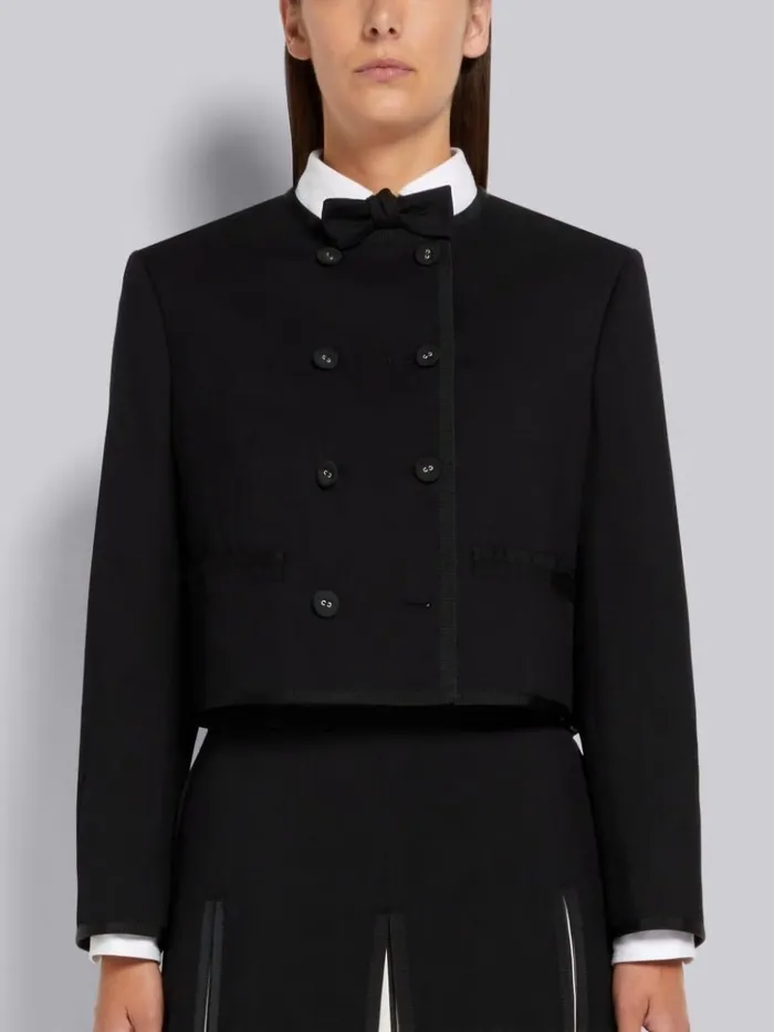 Wool Pique Suiting Tonal Tipping Silk Jacquard Box Pleat Double Breasted Cardigan Jacket Black Women Thom Browne Jackets Wool Pique Suiting Tonal Tipping Silk Jacquard Box Pleat Double Breasted Cardigan Jacket Black Women Thom Browne Jackets