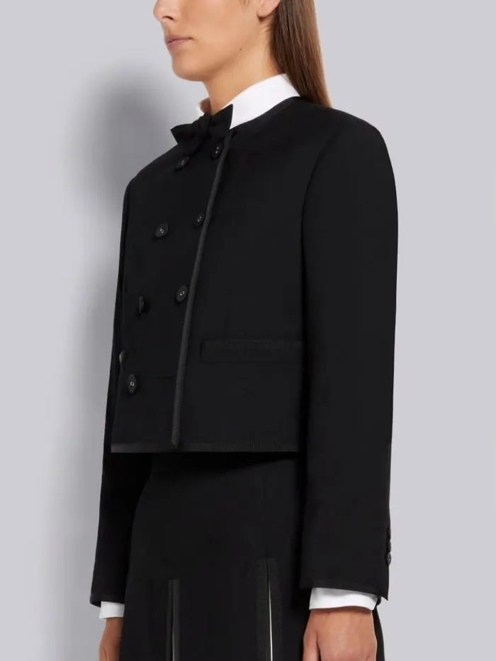 Wool Pique Suiting Tonal Tipping Silk Jacquard Box Pleat Double Breasted Cardigan Jacket Black Women Thom Browne Jackets