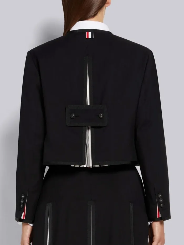 Wool Pique Suiting Tonal Tipping Silk Jacquard Box Pleat Double Breasted Cardigan Jacket Black Women Thom Browne Jackets