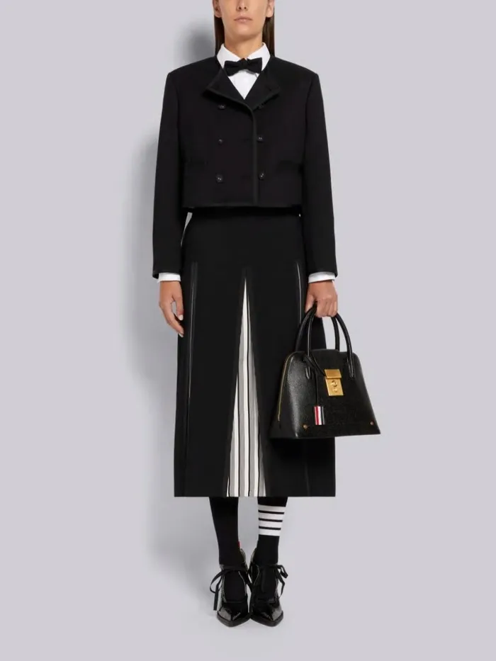 Wool Pique Suiting Tonal Tipping Silk Jacquard Box Pleat Double Breasted Cardigan Jacket Black Women Thom Browne Jackets