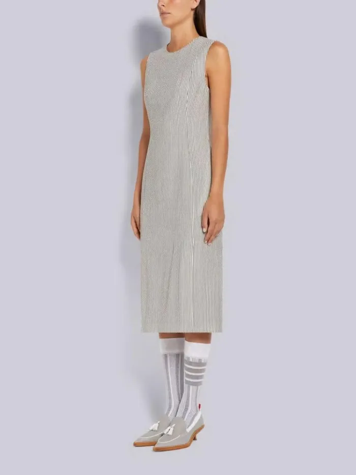 Wool Seersucker 4vent Sleeveless Below The Knee Pencil Dress Medium Grey Women Thom Browne Dresses