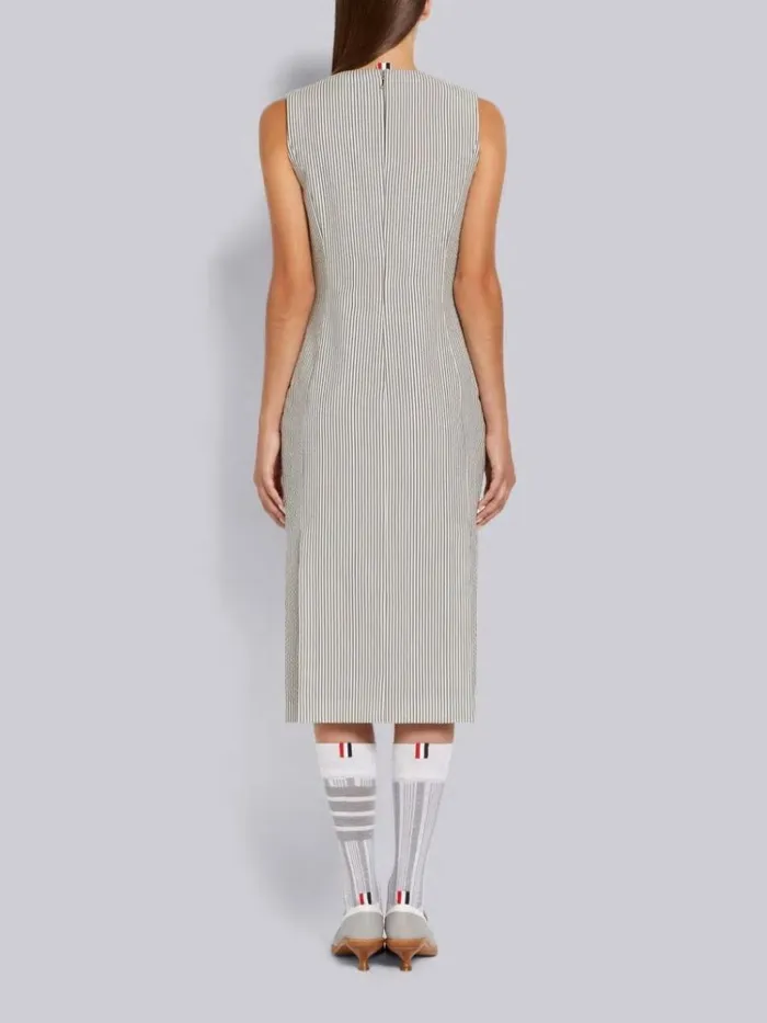 Wool Seersucker 4vent Sleeveless Below The Knee Pencil Dress Medium Grey Women Thom Browne Dresses