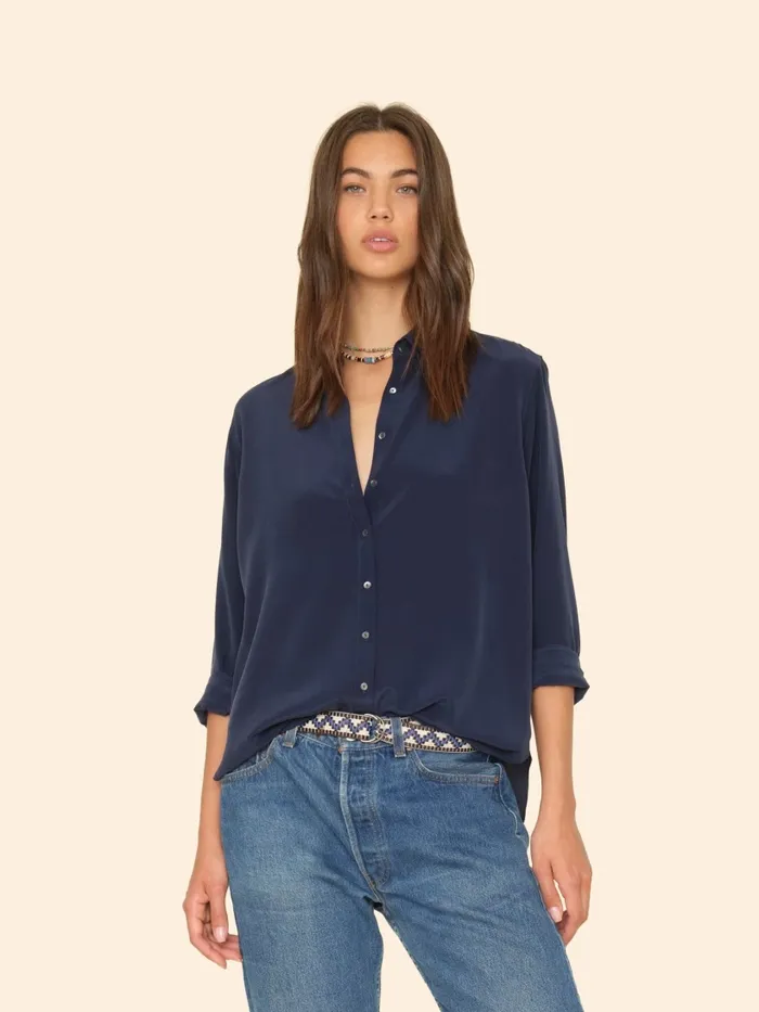 XRENA Shirts Women Navy Beau Silk Shirt