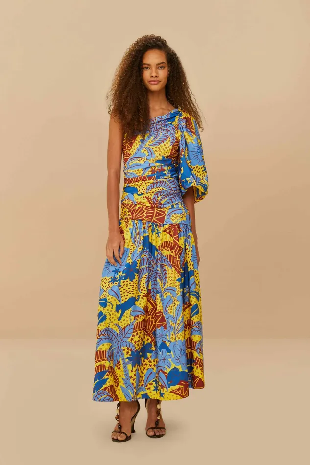 Yellow Jungle Panther OneShoulder Midi Dress Women FARM Rio Midi Dresses